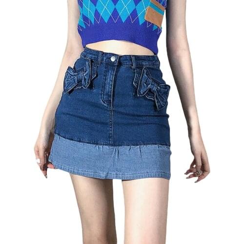 2021 New Women Color Block Skirt, Adults High Waisted Bowknot Zipper Ruffle Denim Skirt with Pocket Fashion All-match