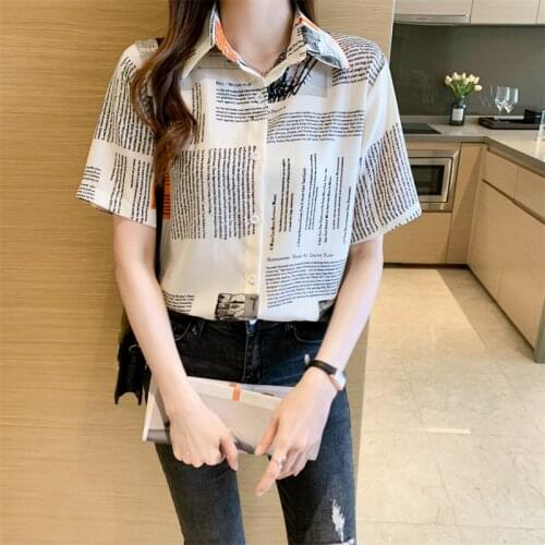 Retro short sleeve Women Blouses 2021 Summer letter Turn-down Collar Blouse Shirt Casual Tops Elegant Work Wear Chiffon Shirts