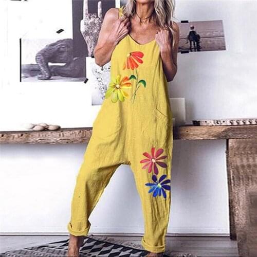 2020 Summer Women Jumpsuit Female Printed Vintage Flower Sleeveless Bib Overall Backless Floral Print Overalls