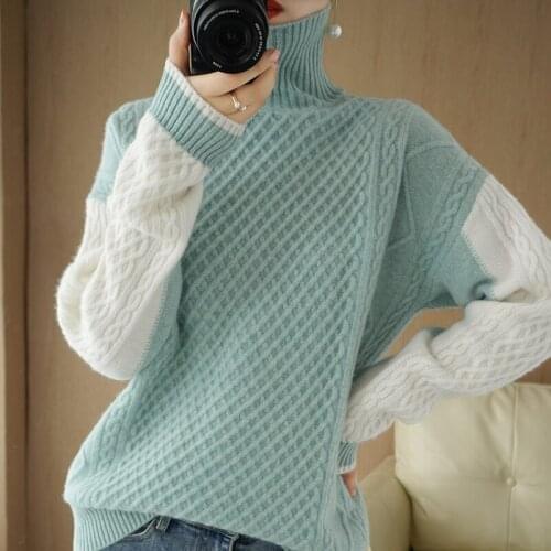 Autumn and Winter New Style 100% Pure Wool Sweater Women High neck Pullover Drop Shoulder Sleeved Loose Color-blocking Sweater