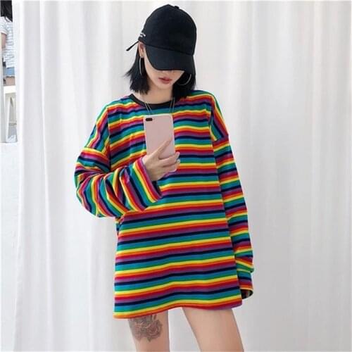 Women Rainbow Colorful Striped Rainbow Sweater Jumper Long Sleeve O-Neck Pull Knitwear Female Knitted Pullovers Pull Femme