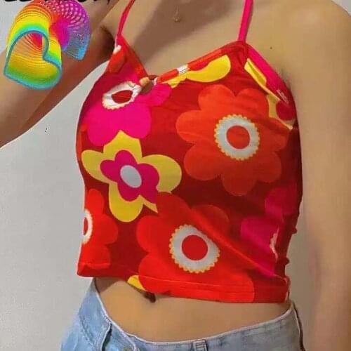 Harajuku Flower Pattern Backless Sexy Crop Tops 2000s Aesthetics Bandage Halter Red Tank Tops Summer Fashion Cute Outfits