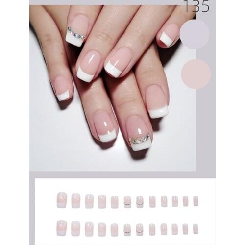 24Pcs Fake Nails Rhinestone Inlaid Press On Nails Short Style Daily Wear Nude Pink Lady False Nails Square Head Nail Art Tips