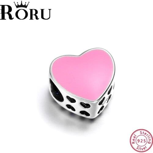 925 sterling silver heart-shaped charm, suitable for original bracelet pink enamel and heart-shaped metal beads
