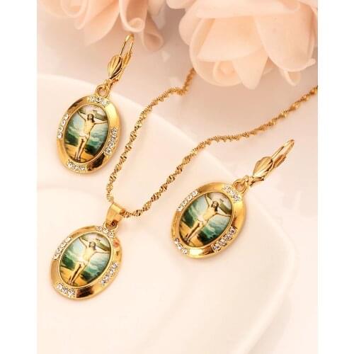 Bangrui Gold Necklace & Earrings Set Gold Color Catholic Religious crystal Jewelry Set Christmas Gift For Women girls gift