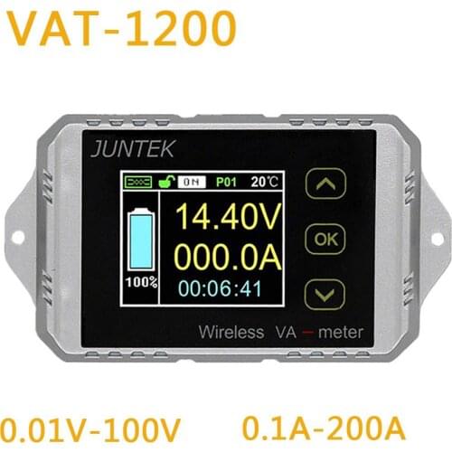 Juntek VAT1200 Wireless Voltage Current Meter 100V 200A Car Battery Monitoring 12V 24V 48V Battery Coulomb Counter VA Meter