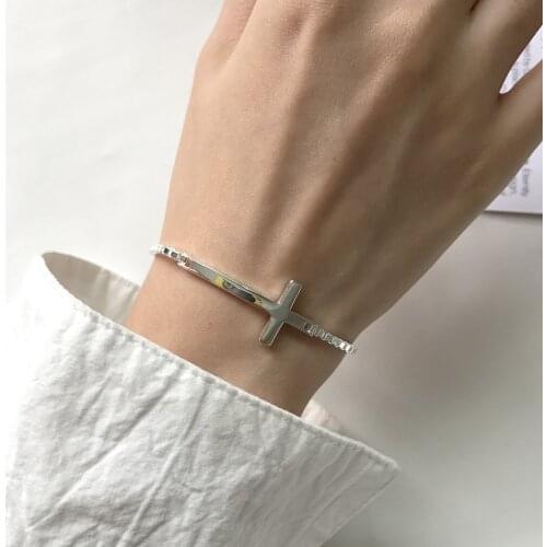 2MM Box Chain Geometric Sideway Cross Bracelet White Gold Over 925 Sterling Silver Bracelets Unisex Jesus Christian Jewelry