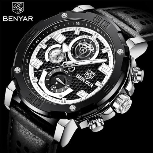 BENYAR Brand Fashion Watch Man Luxury Sport Quartz Wristwatch Waterproof Chronograph Military Leather Clock Relogio Masculino