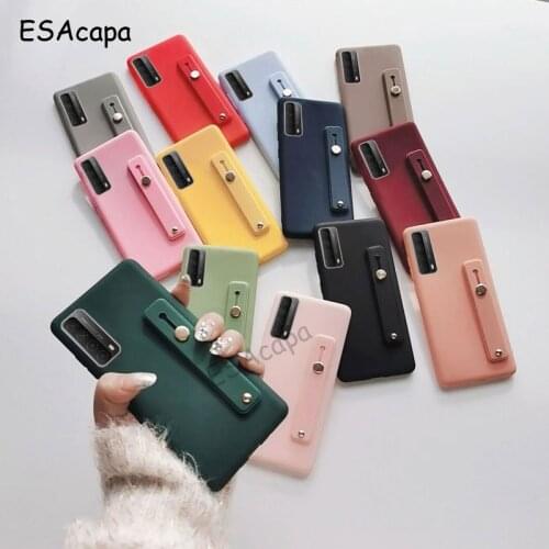 For Huawei Y7A Case Candy Color Wrist Strap Silicone Phone Case For Huawei P Smart 2021 Y7A Hand Band Stand Holder Soft Cover