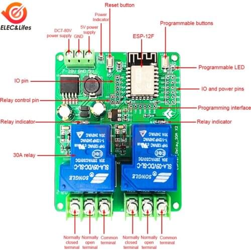 ESP8266 WIFI Single/Dual Channel Relay Module ESP-12F Development Board DC 5V 7-28V 7-80V 30A For Smart Home Wireless Control