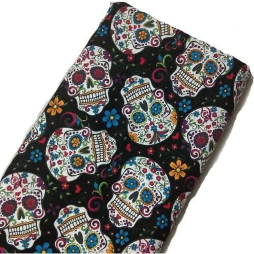 Brand New Vintage Royal Black Flower Skull Printed Cotton Fabric 50x105cm Flower Skull Fabric Patchwork Cloth Dress Home Decor