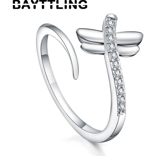 BAYTTLING 925 Sterling Silver Exquisite Zircon Open Dragonfly Ring For Woman Luxury Wedding Party Ring Jewelry Gift