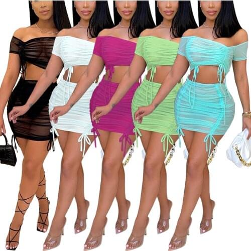 K9916 Summer 2021 Mesh Corset Dress Women Sexy Two Piece Pure Color Straps See Through Sets