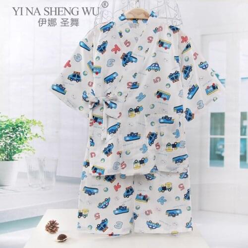 Traditional Cartoon Loose Kid Boy Asian Infant Yukata Summer Japanese Style Insect Printing Kimono Soft Short Pants Pajamas Set