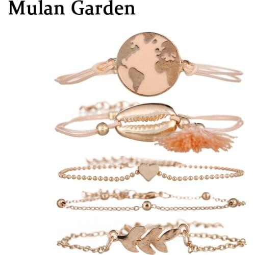 M&G New Trendy Boho Ethnic Charm Bracelet for Women Map Gold Beads Shell Heart Multilayer Tassel Bracelets Bangles Set Jewelry
