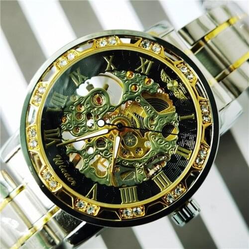 WINNER 2020 Skeleton Mechanical Men Golden Silver Watch Dropshipping Brand Luxury Iced Out Crystal Fashion Punk Steel Wristwatch