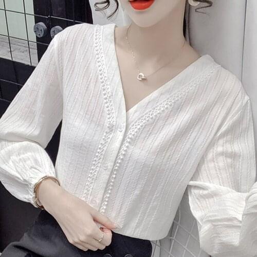 Autumn Long Sleeve Blouse Women Lace V-Neck Striped Blouse Shirt Tops Women Blusas Mujer De Moda 2021 Blouses Femme Shirts F104