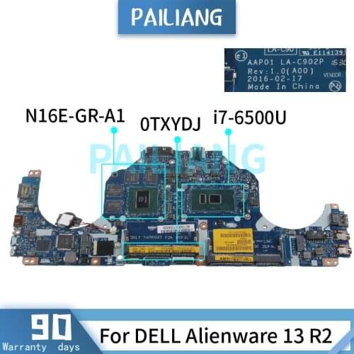 PAILIANG Laptop motherboard For DELL Alienware 13 R2 i7-6500U GTX965 Mainboard CN-0TXYDJ LA-C902P SR2EZ N16E-GR-A1 DDR3 TESTED