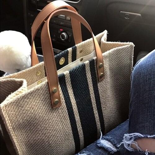 Large-Capacity Linen Tote Shoulder Bags for Women 2021 Vintage Striped Handbag Portable OL Business Big Ladies Handbags