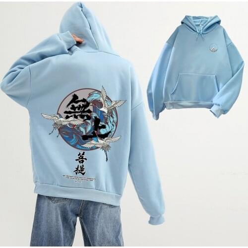 Japanese Funny Wave Printed Fleece Hoodies Autumn Winter Japan Style Hip Hop Casual Oversized Sweatshirts Streetwear Hoodie