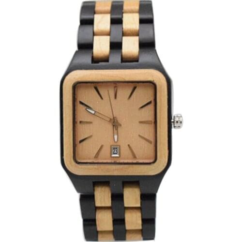 Retro Rectangle Dial Light Clock Wood Quartz Watches Auto Calendar Date Mens Watch Unique Man Full Natural Wooden Strap Clock