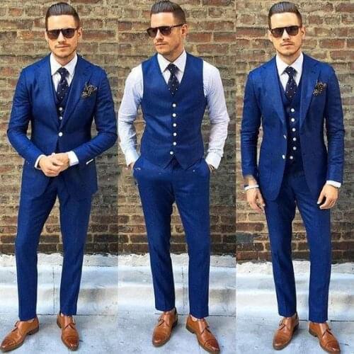 Royal Blue Three Pieces Evening Party Mans Suits Notch Lapel Trim Fit Custom Made Groom Wear Wedding Tuxedos (Jacket+Pants+Vest)