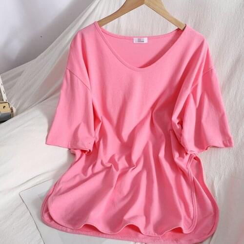 Women Summer Pink O-neck T-shirts Pullover Split Oversize Tees Tops Knitted Short Sleeve Casual T-Shirts Women 2021