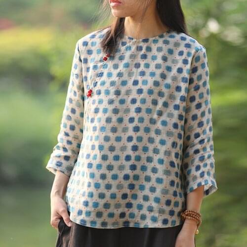 Johnature Women Vintage Ramie Shirts And Tops 2021 Spring New O-neck Seven Sleeve Female Clothes Button Chinese Style Blouses