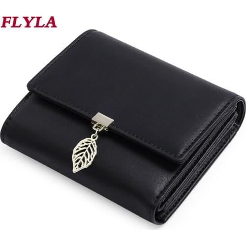 Women Wallet Short RFID Protection Mini Tri-fold Credit Card Holder High Quality PU Leather Leaf Pendant Coin Purse