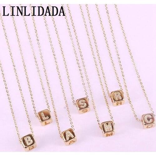10Pcs Gold Color CZ Micro pave letter bead charm pendant necklace Cubic Zirconia Pendant with link chain necklace