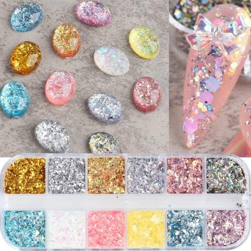 12 Grids Glitters Mermaid Irregular Opal Powder Nail Art Glitter Sequin Aurora Shimmer Dip Powder Dust Manicure Decor JIJX03