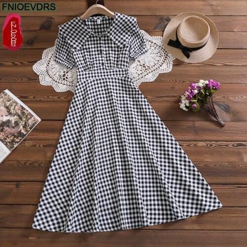 2021 New Arrival Fashion Fnioevdrs Preppy Style Summer Dress Plaid Loose Women Midi Dress Plus Size Vintage Dress