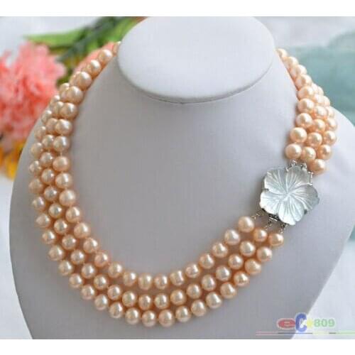 3row 17-19" 7-8mm pink round FRESHWATER CULTURED pearl necklace