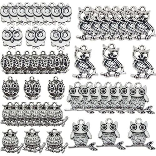 50Pcs Mix Style Bronze Antique Color Owl Charms Bronze Craft Accessories Earrings Bracelet Metal Owl Charms Alloy Owl CColor