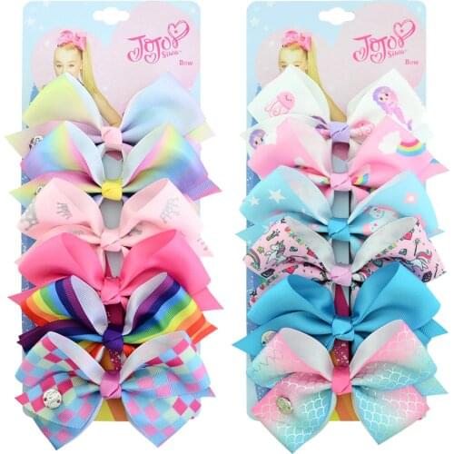 6 Pieces/Set JoJo Bows Jojo Siwa Rainbow Printed Knot Ribbon Bow For Girls Handmade Boutique Hair Clip Children Hair Accessories
