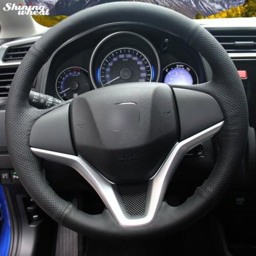 Shining wheat Black Leather Steering Wheel Cover for Honda Fit 2014-2019 City 2014-2019 Jazz 2014-2019 HR-V HRV 2016