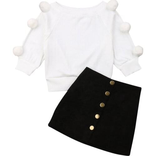 Citgeett Autumn Toddler Baby Kids Girls White Knit Tops+Button Mini Black Skirt Warm Outfits Spring Warm Sets