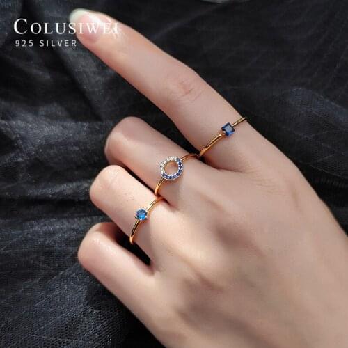 Colusiwei Luxury 3 Style Geometric Gold Color Sterling Silver 925 Ring Blue Crystal Adjustable Finger Ring for Women Jewelry