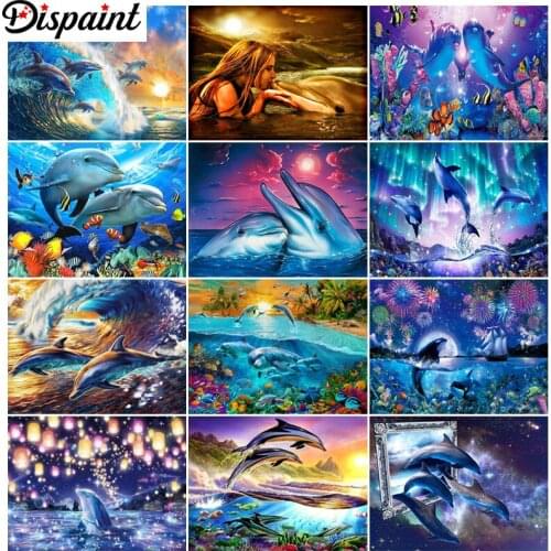 Dispaint Paint With Diamond Embroidery "Dolphin the sea landscape"Diamond Painting Full Square Round Picture Of Rhinestone Decor