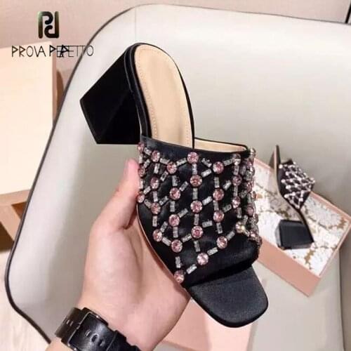 Square toe open toe elegant noble fashion gentle female flat sandals slippers 2021 rhinestone thick heel satin high heel mules