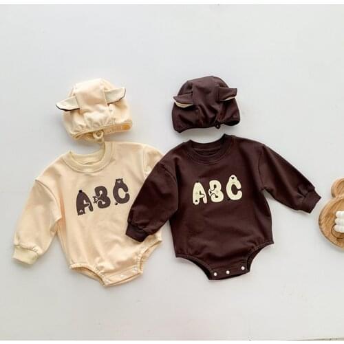 FOCUSNORM 2pcs Lovely Baby Girls Boys Romper Hats 0-24M Letter Printed Long Sleeve Button Autumn Jumpsuits 2 Colors