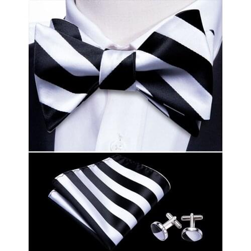 White Butterfly Men Tie Self Bow Ties For Men Silk Black Stripe Hanky Cufflinks Suit Collar Removable Necktie Barry.WangLH-1020