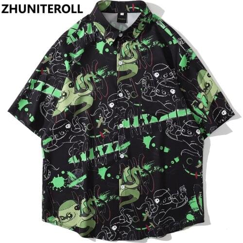 Harajuku Hawaiian Beach Shirts Graffiti Letter Print Hip Hop Button Shirt Mens Fashion Short Sleeve Holiday Party Blouse Tops