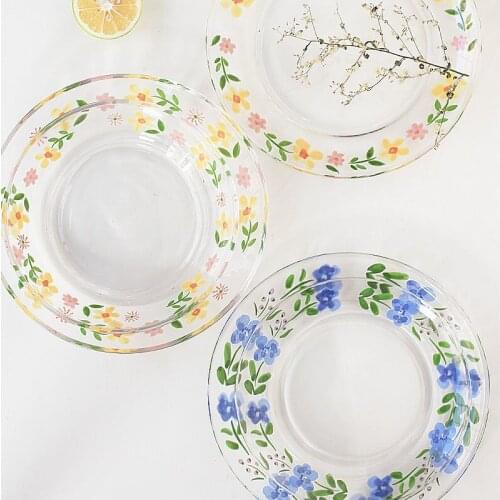 Watercolor Cute Plates Wind Small Wild Flower Glass Plate Pastry Cake Fruit Dry Fruit Snack Tray Restaurant Supplies Dishware