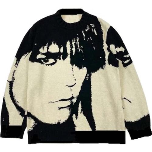 Men Vintage Knitted Sweater Anime Portrait Printed Sweaters Japanese Harajuku O-Neck Casual Pullover Loose Couple Streetwear New