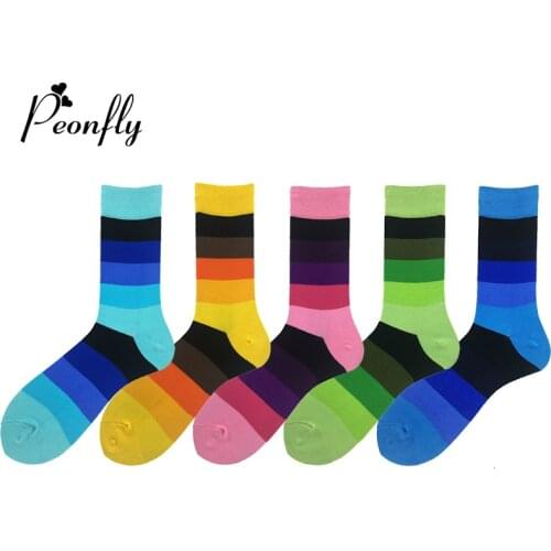 Peonfly Happy Funny British Style Gradation Color Striped Mens Socks Casual Harajuku Combed Cotton Long Calcetines