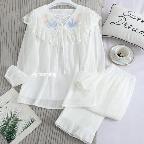 Autumn French Romantic Retro Court Style Pajamas Fashion Exquisite Embroidered Lotus Leaf Edge Elegant Generous Trouser Suits