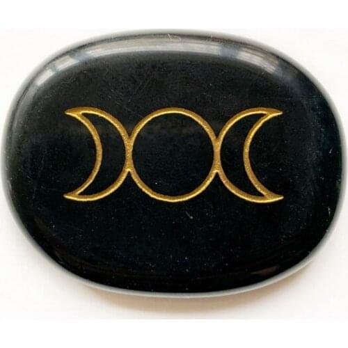 Natural Black Obsidian Stones Carved Golden Moon Sacred Geometry Spiritual Healing Palm Crystal Home Decor Ornament