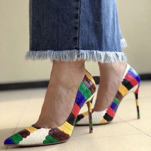Muti-color Irregular Print Leather High Heel Pumps Pointed Toe Stiletto Heel Dress Shoes Shallow Women Party Heels Shoes