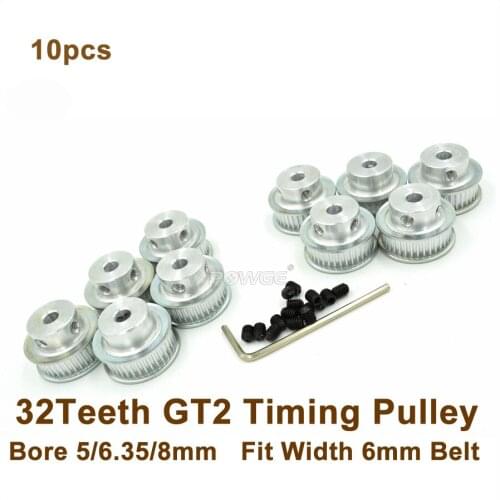 POWGE 10pcs 32 Teeth 2GT Timing Belt Pulley Bore 5/6.35/8mm Fit W=6mm GT2 Timing Belt 3D Printer 32teeth 32T GT2 Timing Pulley